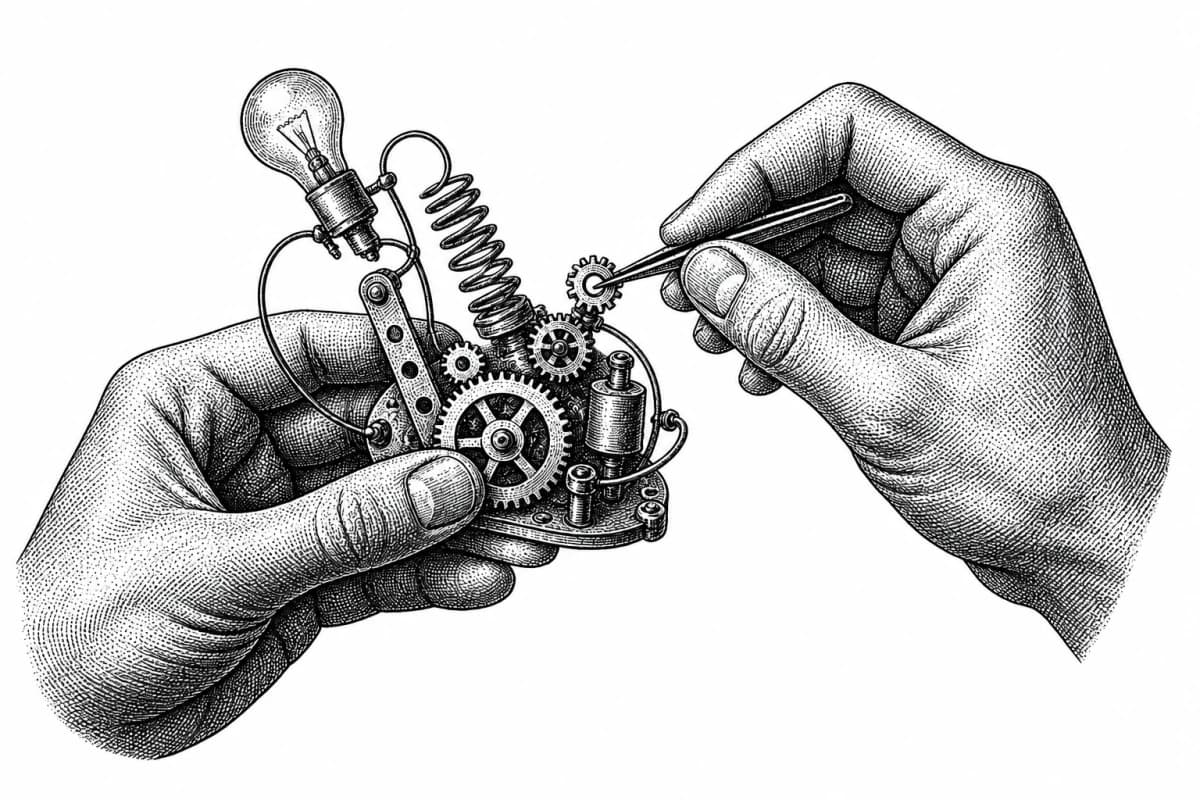 Hands assembling a small mechanism of gears, wires, and a light bulb